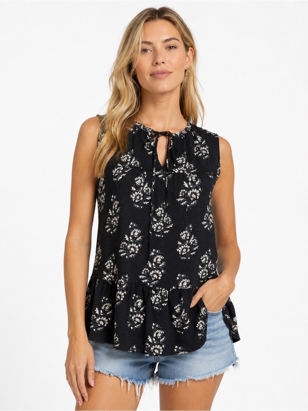 Lucky Brand Black White Floral Peplum Tank Top Sleeveless Boho Cottagecore S